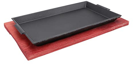 LABRIMP Padella Ghisa Rettangolare con Base Legno Antiruggine e Antiaderente per Barbecue Fornelli Gas e Induzione per Frittura e Cottura Uniforme di Bistecche e Pesce