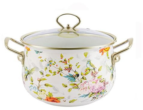 Matlagningskruka vintage emalj gryta med lock 5,5 liter stor non-stick kastrull glaslock blomma emalj på stål tjock soppkruka med handtag 24 cm