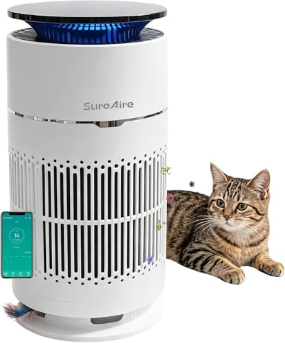 SureAire Purificadores de aire para gatos con filtro HEPA, purificador de aire de escritorio con prefiltro reemplazable y teaser para gatos, filtros de admisión de aire de 360°, olores de caspa de