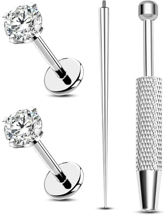 Jewseen 2 orecchini a perno in titanio con retro piatto e zirconia cubica, per cartilagine e trago, filettatura interna