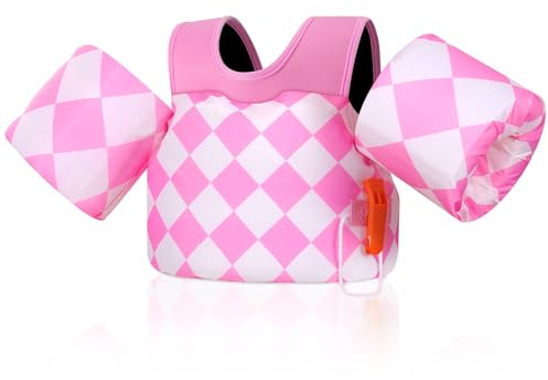 MoKo Gilet da Nuoto per Bambini, Galleggianti a Braccio per Bambini 20-50 libbre, Giubbotto Nuoto con Fischio d'Emergenza, Accessori per l'Allenamento di Nuoto per Piscina, Rombi Rosa