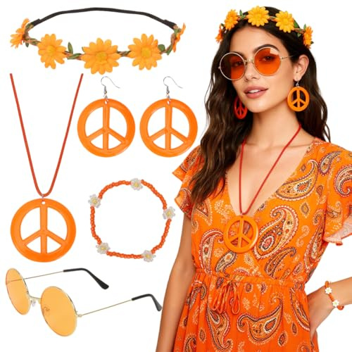 5 Stück Hippie Accessoires Damen Set,70er jahre Vintage Accessoires mit Brille,eine Halskette mit Friedenssymbol, Ohrringe,Armband und ein Haarband mit Blumenkranz für Damen Karneval Hippie Party