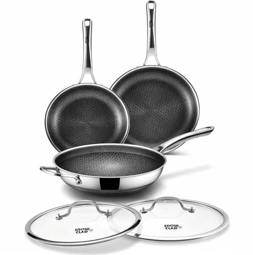 SNOWCLAD Wokpfanne 30cm & Bratpfannen 24+28cm Wok und Bratpfannen Set | Antihaft Wabenpfanne mit Deckel, Edelstahlpfanne, für alle Herdarten, ofen- und spülmaschinenfest, PFOA-frei