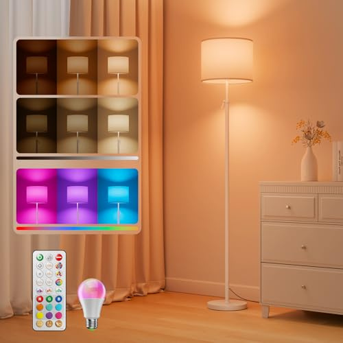 VARICART LED Stehlampe, RGB-Farbwechsel, höhenverstellbar 152-175 cm | Magnet-Fernbedienung, 1600 K Bernsteinlicht & 4000 K Neutralweiß, 0,1%-100% regelbar, 10 W, 1200 lm, gewebter Leinenschirm