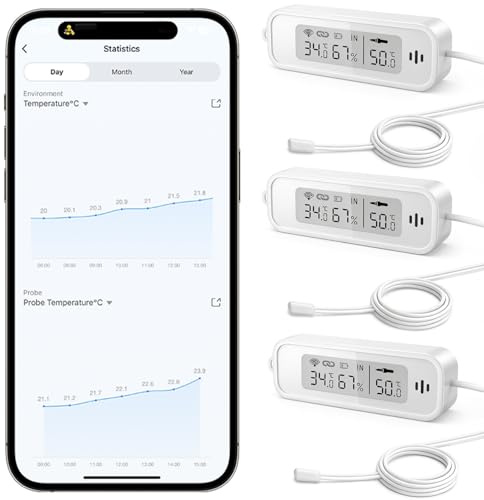 WIOONI WLAN Thermometer Hygrometer Innen, WiFi Temperatursensor mit Fühler und Tuya/Smart Life App für Pool, Teich, Aquarium, Gewächshaus, Terrarium, 3