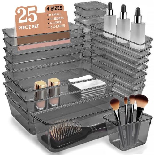 Buanson Schubladen Organizer, 25 Stück in 4 Größen, Kunststoff, Schminktisch und Make-up Organizer, Ordnungssystem (Schwarz)