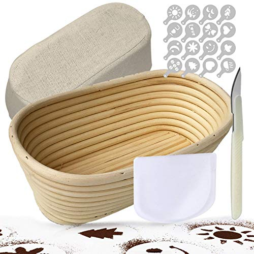 Banneton Oval 25 cm Banneton Para Pan Kit De Pan, Incluye Herramienta De Puntuación Para Masa De Masa, Rascador De Cuencos, Cubierta De Banneton De Lino, 16 Plantillas Para Decoración De Pan