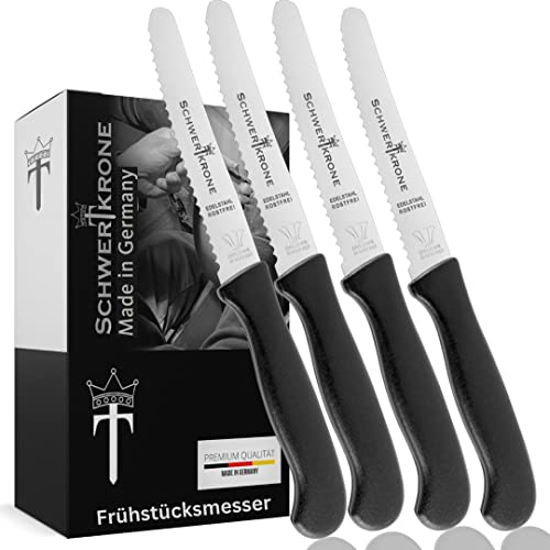 SCHWERTKRONE® Frühstücksmesser [ROSTFREIER EDELSTAHL] - Brötchenmesser Messer - Brotzeitmesser Jausenmesser Tafelmesser - Schneidemesser Wellenschliffmesser - Vespermesser Sägemesser (4er Set)