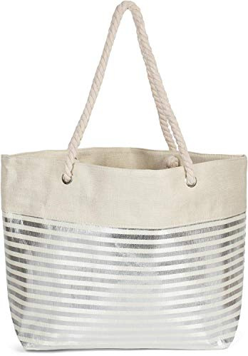 styleBREAKER Damen XXL Strandtasche Metallic Streifen | 58x38x20 cm Hauptfach mit Reißverschluss, integriertes Innenfach, breite Träger aus reiner Baumwollkordel, großes Volumen.