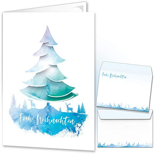 beriluDesign Weihnachtskarten mit Umschlägen 15er Set - Klappkarten mit Weihnachtsbaum-Motiv in Blau-Weiß für die schönsten Weihnachtsgrüße