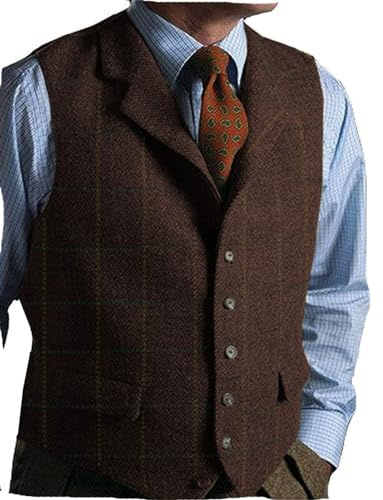 Mens Casual Plaid Suit Vest Tweed Slim Fit Waistcoat for Wedding Groomsmen(Coffee,M)