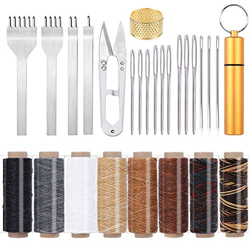 Leder Nähen Set - 8 Farben Wachsfaden Mit Nadeln, Große Augen Nähnadeln, Meißel Zinke und Zubehör für Lederhandwerk, Handnähen, Buchbinden
