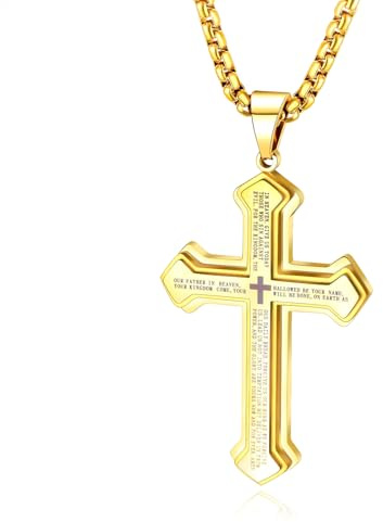 OLEVS Gold Men's Cross Pendant Necklace Large Stainless Steel Yellow Gold Cross Pendant Necklace for Men
