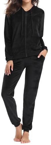 Aottori Black Velour Tracksuit Womens Full Set Velvet Loungewear Long Sleeve Zipper Hoodie Jogger Pants 2 Piece Outfits Sweatsuit Jogging Suits Black XL