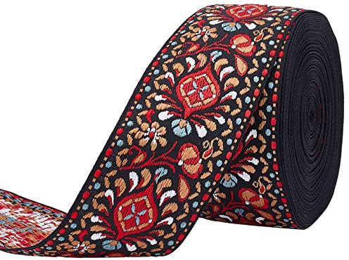 FINGERINSPIRE 9m 50mm Vintage Jacquardband Schwarz Rot Besticktes Gewebtes Band Stoffbesatz Fransen für DIY Kleidung Accessoires Verzierung Dekorationen Weinrotbraun