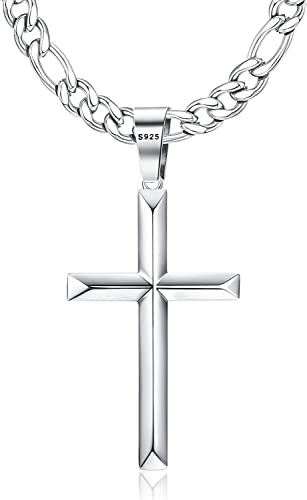 Krfy 925 Sterling Silber kreuz kette für Herren Damen mit Edelstahl Diamant-Cut Figaro Kette Halskette Hoch Poliert Abgeschrägte Kante Kreuz Anhänger Halskette für Männer 46,51,56,61,66,76 cm