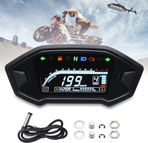 Geloo 12000 U/min Motorrad Tachometer Universal LCD Digital Hintergrundbeleuchtung Motorrad Wasserdicht Tachometer Kilometerzähler Gauge 199km/h für Yamaha für Suzuki für BWM 1,2,4 Zylinder