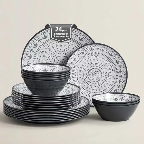 Joviton HOME 24PCS Bohemia Gray Melamine Plastic Dinnerware Sets for 8,Melamine Plates Set of 24PCS,Outdoor Plates and Bowls Sets for 8 (Gray)