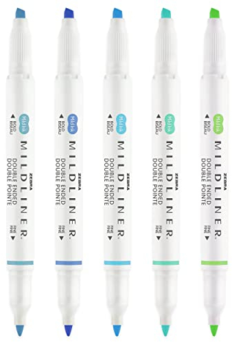 Zebra Mildliner Creative Marker Highlighter Pens - Double Ended - Chisel & Bullet Tip - Blue Green Set of 5