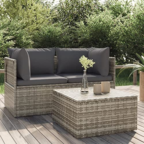 KOIECETA Gartenmöbel mit Kissen Lounge Sofa Sitzgruppe Gartenset Rattanmöbel Sitzgarnitur Gartensofa Terrasse Balkon Stauraum Garnitur Grau Poly Rattan (2X Eckteil + Tisch)