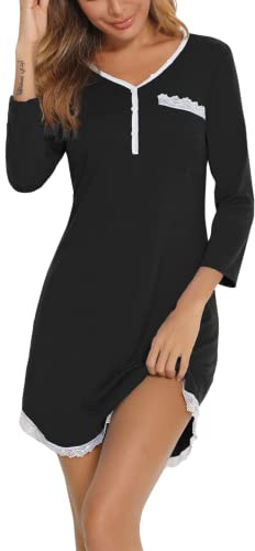 Maglie Pigiama con Pizzo da Donna, Camicie da Notte in Cotone, Comodo Abbigliamento da Notte per tutte Stagione,3/4 Maniche-Nero/M