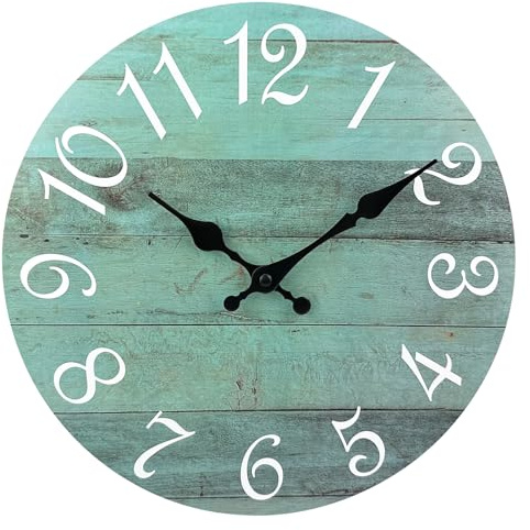 Plumeet Small Wall Clock, 10'' Frameless Wooden Wall Clocks with Silent Quartz Movement, Rustic Coastal Country Village Clock Decorative for Kitchen Bedroom Living Room, Green