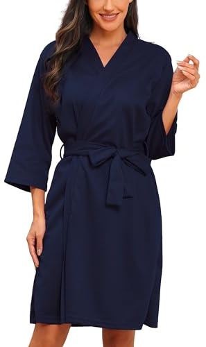 Lovasy Kimono Corto da Donna in Maglia Waffle Accappatoi e Vestaglie Morbido e Leggero Lunghezza al ginocchio Accappatoio con scollo a V e Cintura A Blu Marino S