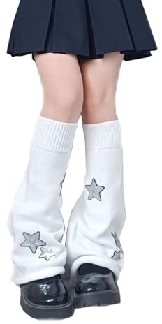 LERTREEUK Gestrickte Beinwärmer Gyaru Gothic Punk Kniestrümpfe Retro-Sterne-Muster Y2K Stiefel Stulpenwärmer für Frauen (Weiß)