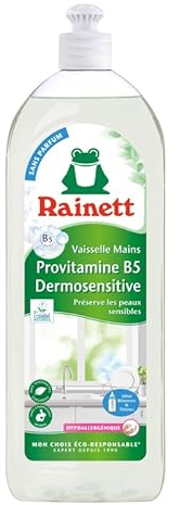 RAINETT - Liquide Vaisselle Mains Dermosensitive - Formule Hypoallergénique - pH Neutre - Préserve les Peaux Sensibles - Flacon Recyclé & Recyclable - Ecolabel - Grand Format - 750 ml