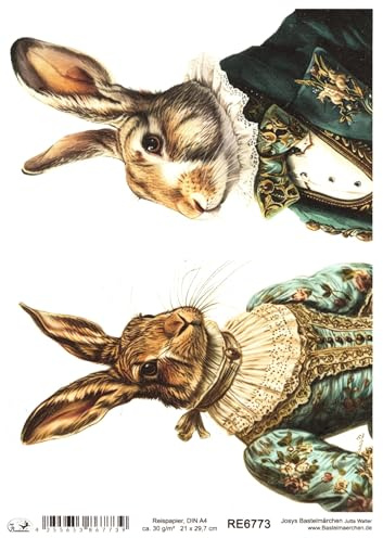 Josys Bastelmärchen Reispapier A4 Strohseide Decoupage Ostern Hasenpaar in Vintage Anzug RE6773