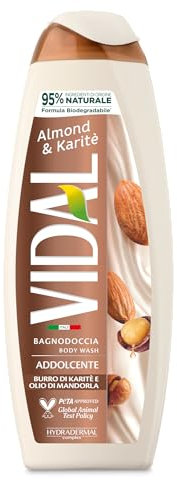 Vidal - Bagnoschiuma Almond & Karité, Formula Addolcente, con Olio di Mandorle e Burro di Karité, Dermatologicamente Testato, 500ml