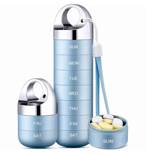 Metal Pill Organiser,Weekly Waterproof Metal Pill Case,Stackable Aluminum Alloy Portable Metal Pill Box,Date Display,for Pills, Vitamins, Capsules,Fish Oil, Supplements (Blue)