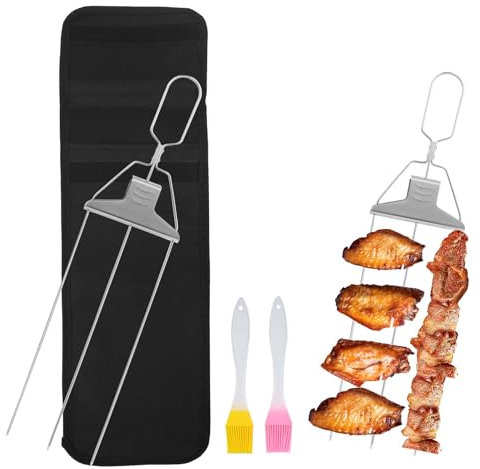 2 PCS BBQ Skewers Metal Kit 3-Way Barbecue Accessories Grill Skewer Stainless Steel Three Way Kebab Skewers with Push Bar & Brush 3-Prong Kabob Forks for Oven, Grilling, Kebabs Outdoor