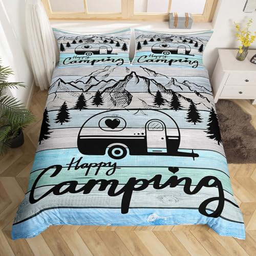 Loussiesd Camper Bettwäsche Set Happy Camping Bettwäsche 135x200cm Wohnmobil Auto RV Camping Bettbezug Holz Korn Blau Dekor Bettwäsche für Mädchen Jungen Kinder Rustikaler Bauernhaus-Stil Bettbezug