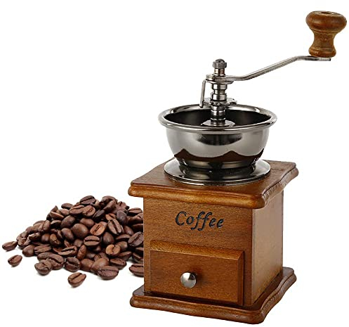 SnamicE Molinillo de Café Manual, Molinillo de café de manivela de cerámica Antigua Vintage de Madera con Ajuste de Engranaje Ajustable, cafetera portátil