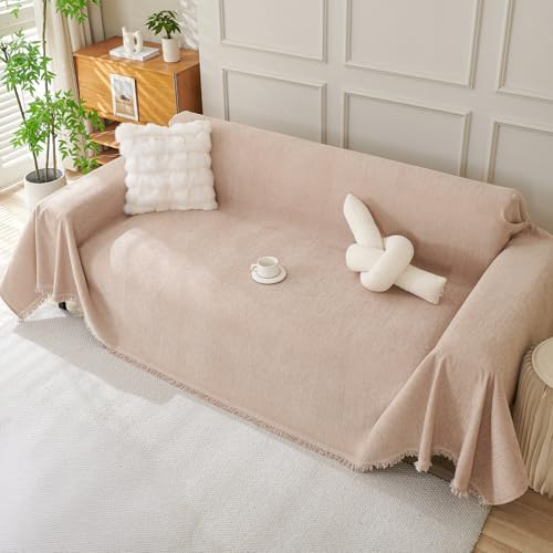 Royhom Sofa Überzug Chenille, Sofabezug L Form, Couch Überzug Ecksofa, Sofaüberwurf 4 Sitzer, Couch Überwurf mit Deko Quasten, Braun Sofa Überwurf(Khaki, 180x380cm)