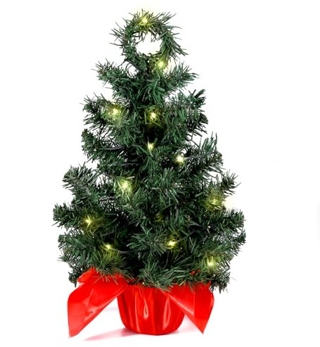 Qpout Albero di Natale da tavolo con luci (50 pezzi), 2 Ft Mini Pino Artificiale Albero di Natale ideale per la casa Desktop Camera da letto Decorazioni per feste di Natale Albero illuminato
