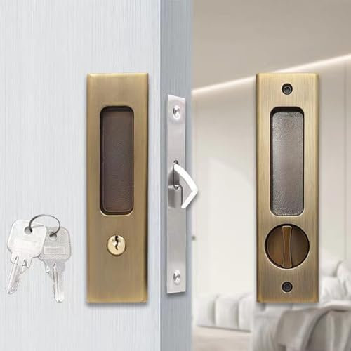 HEBEOT Sliding Door Lock Sliding Door Mortice Lock Bolt Handle with Keys Zinc Alloy Invisible Door Lock for Bathroom, Kitchen for Door deep 35-60mm (Yellow Ancient)