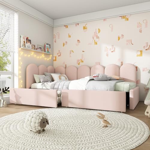 RanRan Polsterbett Einzelbett mit Schubladen Stauraumbett Samt Daybett Tagesbett Schlafsofa mit Lattenrost Jugendbett und Erwachsene Kinderbett,Rosa,90x200cm(Ohne Matratze)