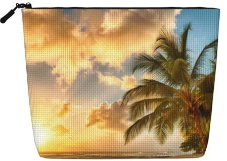 CRJSYCBYB Sunset Hawaiian Palm Tree Printed Fake Hemp Makeup Bag Travel Toiletry Bag Portable Cosmetic Bag