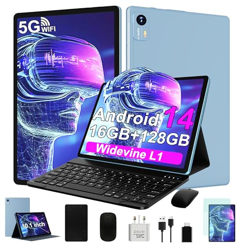Bvlary Tablet 2025 Newest 10.1 Inch Android 14 tablet, 16GB RAM+128GB ROM (TF 1TB), Octa Core, 2.4GHz+5G WIFI 6,Widevine L1|8000mAh |Bt 5.0 |GMS |Type-C |13+8MP|Tablet with Keyboard & Mouse - blue