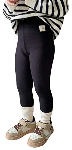 BOTCAM Bébé fille coton épais doublé leggings chauds collants tricotés extensibles basiques neuvième longueur cheville collants pour chaussettes d'hiver pantalon de ski enfant, Noir , 6-12 mois