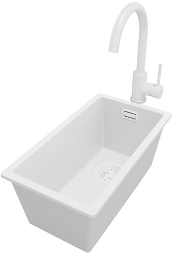 PRIMAGRAN Lavandino da Cucina Tutto Bianco 26x47cm, Lavello in Granito a 1 vasca + Rubinetto 32x20cm + Sifone Classico, Lavabo Incasso al mobile 30cm - London Slim S063
