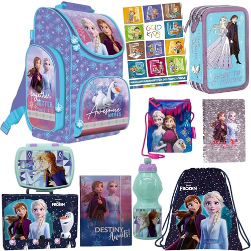 Goldkids - Schulranzen für Jungen und Mädchen, 10er-Set - Schul-Rucksack für Kinder mit Federmäppchen - Frozen-Tagebuch und Hausaufgabenheft - ELSA Frozen Motiv - 1-3 Klasse