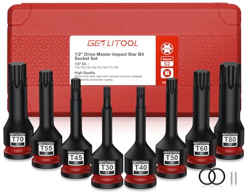 GETLITOOL Juego de llaves de impacto de 1/2 pulgadas, 8 piezas, acero S2 Fuerza Torx, T30 – T80, longitud 78 mm, juego de puntas Torx para tornillos Torx