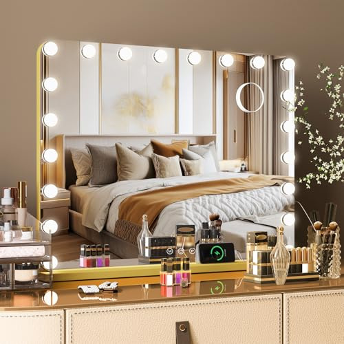 MAMIZO Hollywood Specchio 80 x 60 cm, Specchio da trucco con illuminazione, 20 luci a LED, 3 colori di luce, Luminosità regolabile, con USB, Montabile a parete, Specchio con luce, Oro