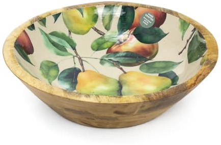 Carousel Home Large Mango Wood Bowl with Enamel Apples & Pears Design | Rustic Wooden Fruit Bowl & Decorative Serving Dish for Kitchen or Table - 24cm
