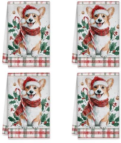 Corgi - Toallas de cocina, diseño navideño de bastón de caramelo, acebo de Navidad, color rojo, secado rápido, decoración navideña, 40.6 x 61.0 cm (juego de 4)