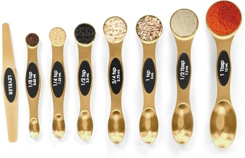 Juego de cucharas medidoras magnéticas 8 en 1, acero inoxidable con nivelador integrado, cucharas de metal apilables para hornear, cabe en tarros de especias estrechos, esenciales completos de cocina