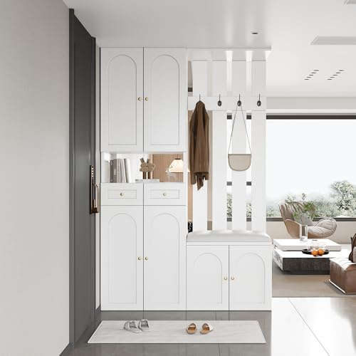 Merax Flurgarderobe Garderobenschrank Flur, Garderobenset mit Sitzbank, Schuhschrank, 2 Schublade, 4 Haken und 6 Türen, Garderobenständer für Eingangsbereich, 110 x 37 x 180 cm, Weiß